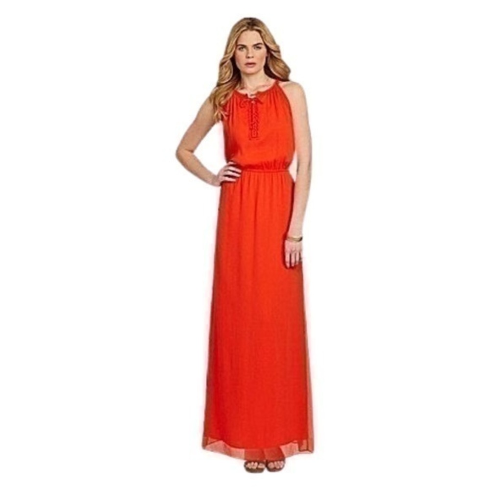 Daniel Cremieux Liam Crepe Lattice Trim Maxi Column Dress in Poppy
